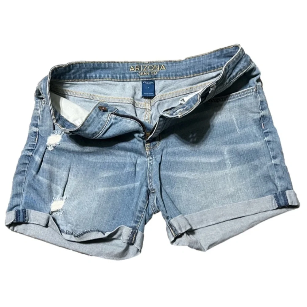 Arizona Denim Blue Jean Distressed Shorts Cuffed Hem Cotton Juniors Size 11